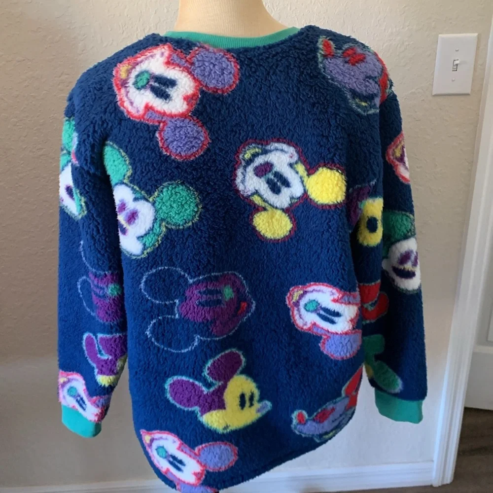 Disney Parks Mickey Mouse Sherpa Fleece Sweater US Size large Multicolor Faces - Picture 6 of 13